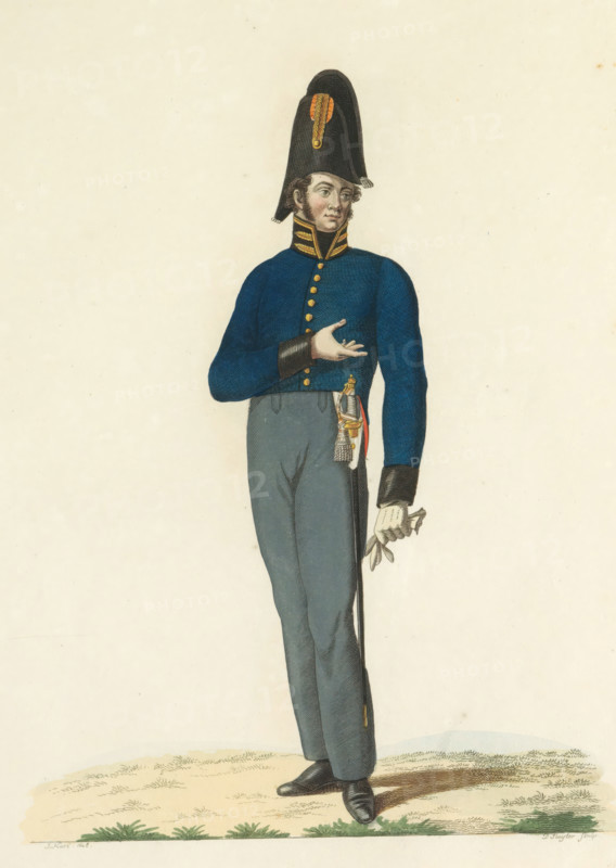 Surgeon-Major or Officer of Health of the 1st class, print, A Dutch surgeon-major or Officer of Health of the 1st class. Plate 8. Uniform representation in 'Description of the Royal Dutch Troops' by JF Teupken, 1823., printmaker: Dirk Sluyter, Netherlands, after drawing by Johannes Hari (I), publisher: Jan Frederik Teupken, publisher: Gebroeders van Cleef, printer (person): Giunta d'Albani, Gebroeders, The Hague, 1823, Dirk Sluyter, Johannes Hari (I), Jan Frederik Teupken, Gebroeders van Cleef, Giunta d'Albani, printer (person), paper, etching, engraving, hand coloring, etching and engraving, hand colored, height 300 mm x width 205 mm, (military) uniforms, uniform, Period, 1820 - 1823, A full-length illustration of a man standing in a blue military-style coat with gold buttons and a high collar, wearing dark grey trousers and black shoes; he has a tall black bicorne hat with a decorative orange and gold plume, sideburned hair, and a neutral facial expression, one hand held across his c...