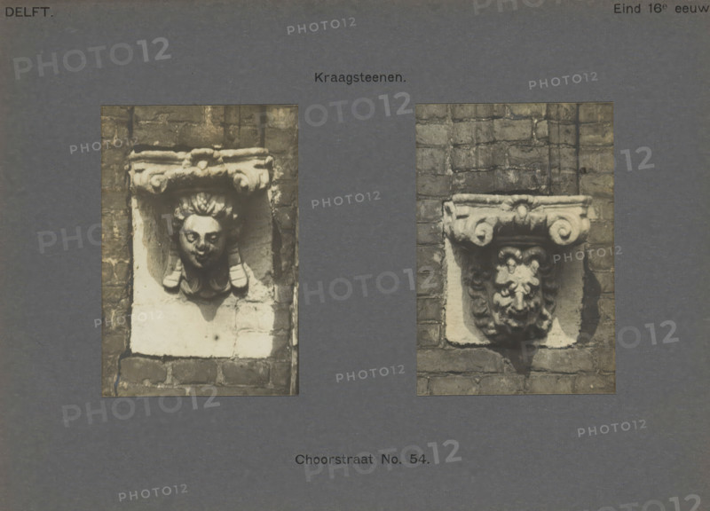 Choorstraat No. 54. Corbels, Two corbels, decorated with heads, in the facade of a building in the Choorstraat in Delft, photograph, inscription: 'Delft. Late 16th century.', inscription: 'The right of reproduction of these photos is reserved by the Publisher.', number: '37', Delft, c. 1900 - c. 1904, photographer, paper, pasteboard, gelatin silver print, developed gelatin silver print, height 166 mm x width 224 mm, urban housing, ornament derived from architectural details, The image shows two rectangular photographic panels set against a dark textured background, each featuring a carved stone architectural element mounted on a brick wall; the left panel displays a sculpted female head with stylized hair beneath an ornate horizontal cornice, the stone around it appearing lighter against darker bricks, while the right panel shows a different carved face with prominent facial features and decorative scroll-like motifs under a matching cornice, also set into a brick surface with visible ...