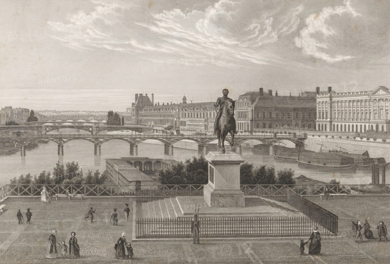 View taken from the Pont Neuf, View from the Pont Neuf of the equestrian statue of Henry IV of France, Views of Paris, print, page, Paris, publisher: Jean Baptiste Marie Chamouin, c. 1845 - in or before 1850, printmaker, paper, steel engraving, height 155 mm x width 230 mm, Print on the twelfth unnumbered page after the title page. Print made after a daguerreotype., Person, Henry IV (King of France and Navarre), city-view in general, 'veduta', monument, statue, Pont Neuf (Paris), A detailed engraved scene shows a riverside view with multiple arched bridges spanning the water and ornate buildings along the far bank. In the foreground a raised terrace or plaza with paved patterns is bordered by a fence and balustrade, and a pedestal supports an equestrian statue. Figures in period dress are scattered across the terrace, including adults and children walking, standing, and interacting. Trees and shrubbery line the lower edge of the terrace and a small dock with moored boats sits along the...