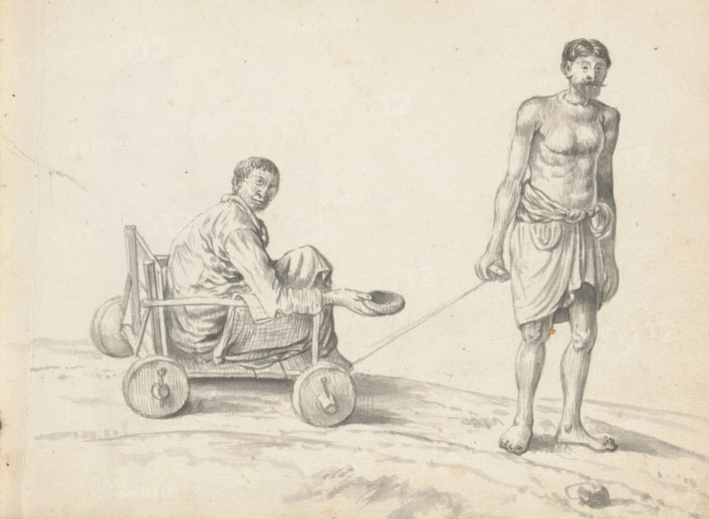Beggar in a cart pulled by another man, Handicapped beggar in a cart and his mate (former title), sketchbook page, On the left, a four-wheeled wooden cart stands on a sloping road, in which a person sits with knees drawn up, dressed in a long shirt with long sleeves and a loincloth (veshti, lungi). The outstretched right hand holds a small bowl: a begging bowl. On the right stands a man pulling the cart with a rope attached to a pulley in his right hand. He wears only a knee-length, rolled-up loincloth (veshti, lungi). His hair is parted in the middle and probably tied back tightly; he has a moustache and a short beard. The cart is simple and consists of a slatted base, a slatted backrest, and sticks as side supports. Beneath this are two axles, each with two wooden wheels fixed with iron pins. A checkered cloth lies over the armrest and on the base. At the front is a rope with which the cart is pulled. Sheet 10 from a sketchbook with 117 sheets., draftsman (artist): Esaias Boursse, Sr...