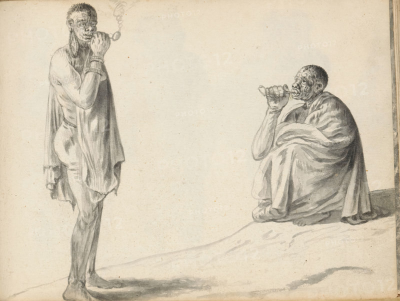 Two South African Khoisan men smoking a pipe, sketchbook page, The two Khoisan men are standing outside smoking a pipe. The standing man on the left has short-cropped frizzy hair, and a large, elongated ear ornament hangs from his right earlobe: a string of beads. He is wearing a cloth draped over his left shoulder that reaches to his knees in front and behind. On his right hip, only a cord is visible to which a non-visible loincloth is tied. His right hand holds a short Gouda pipe to his mouth: smoke curls from the bowl. The material of the bracelets on his wrist is unclear: the small double bracelet is possibly made of flat beads, the larger band underneath of bone, ivory, or wood. The man on the right is sitting on a slope with his knees drawn up. He also has short-cropped frizzy hair. Except for his right arm, his entire body is wrapped in a large shoulder cloth. With his right hand, he holds a Gouda pipe in his mouth. Sheet 103 from a sketchbook with 117 sheets., draftsman (artist...