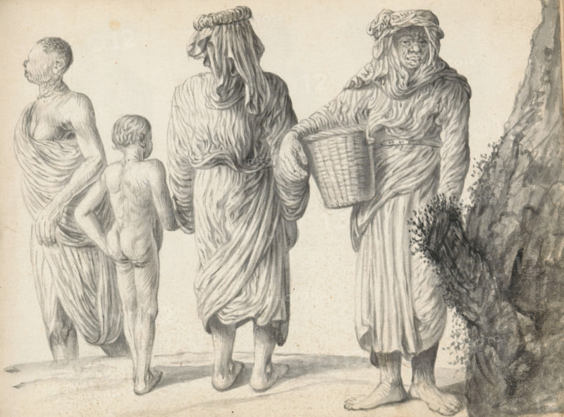 Three women and a child, sketchbook page, On the left, a woman is walking out of the frame. She is wearing a South Indian wrap dress (selai or sari) the end of which falls forward over her right shoulder and covers her breasts. She has short curly hair, possibly a working woman from South India. Next to her stands an unclothed child: a boy or a girl, probably Eurasian. The child has short wavy hair combed back and is holding the woman standing next to him with his right hand. That woman is wearing a wrap skirt (redda) with a wide Portuguese blouse with long sleeves (hatte) over it. The folded-down 'collar' of the invisible V-neck is clearly visible. She is wearing a headscarf with a carrying ring on it. The woman on the right is dressed in a long wrap skirt (redda) and a wide Portuguese blouse with long sleeves (hatte). A cloth is wrapped around her head and neck, with a carrying ring on top. She holds a wicker basket against her hip with her right arm. She may have a carrying strap ar...