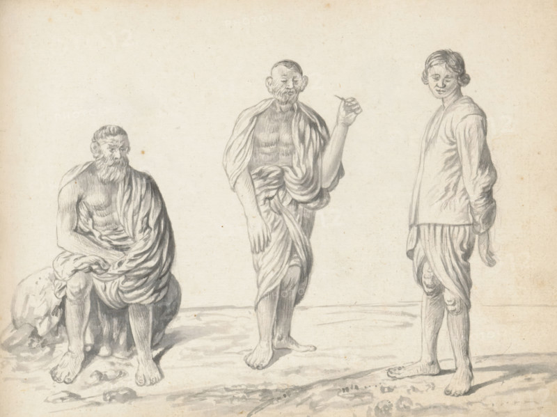 Three laborers, sketchbook page, Outside along the road are three men, as if they are posing for the artist. On the left, a man is sitting on a rock. He is wearing a loincloth (veshti, lungi) wrapped between his legs and pulled up to above his knees, and a second cloth (chadar) over his back, shoulders, and left arm, leaving his right arm uncovered. The ends of this cloth rest on his lap. The man in the middle is also wearing a calf-length loincloth (veshti, lungi), and a shawl (chadar) around his shoulders, back, and upper arms, the end of which is tucked into the waist. His upper body and both forearms are uncovered. A small straw is drawn in the raised left hand: probably a toothpick (dath katuwa). The standing man on the right is wearing a knee-length loincloth that appears to be draped in the Sinhalese style. Above that, the hip-length shirt (kamisaya) with long rolled-up sleeves. The two men on the left and in the middle are laborers from South India or Jaffna; the man on the rig...