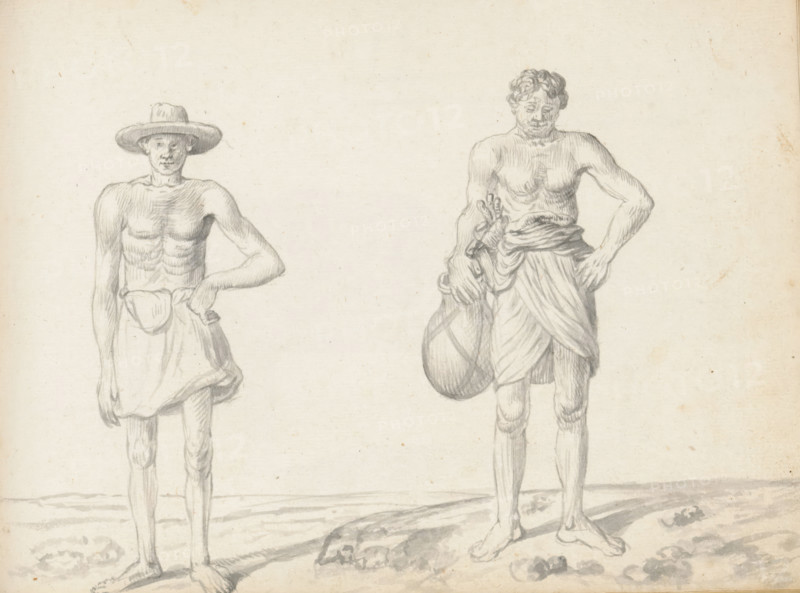Labourer and a toddy tapper, sketchbook page, Two men are standing outside along a road on uneven terrain. The man on the left is wearing only a loincloth (veshti, lungi), folded short and tucked in at the waist. An old, broad-brimmed hat (toppiya) hangs above his ears. This man can be recognized by his hat as a toepas, probably brought from Jaffna to Colombo for work. The man on the right is a Sinhalese palm wine tapper and belongs to the Duravo (Durava) caste. He is wearing a high-drawn loincloth (veshti, wrapped around the waist in the Sinhalese manner. On his right hip, he carries a large earthenware pot (labu katey) to collect the palm wine. The pot is suspended in a net of cords, with which it can also be worn around his waist. At the waist, the end of a bundle of tools is visible: a case with knives for scoring the coconut palm flower and a hammer (thalanaya) for flattening the flower. The sap from the palm flower ferments very quickly in the open air – the light alcoholic drink...
