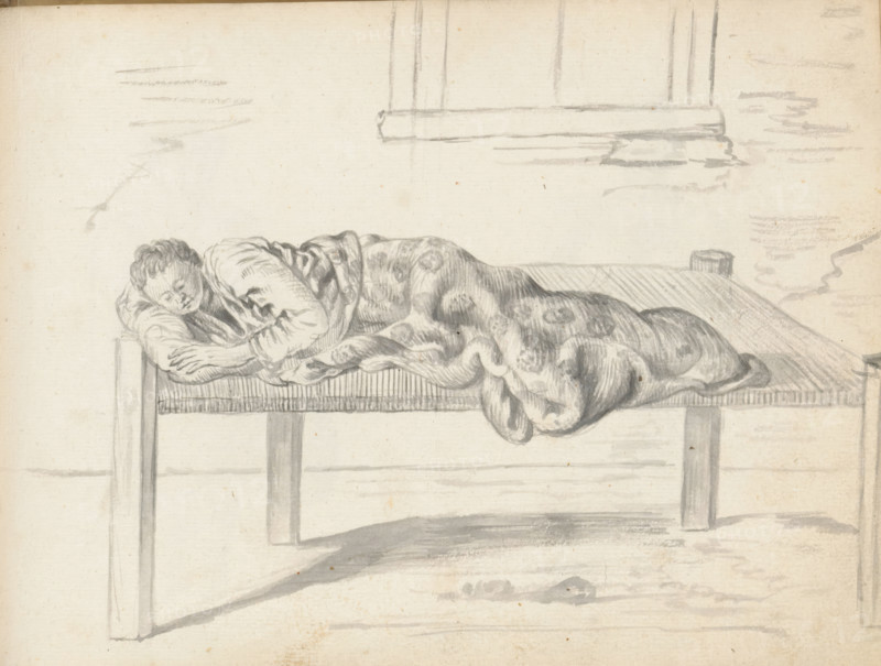 Eurasian woman sleeping on a couch, sketchbook page, A Eurasian woman is sleeping on a wide wooden couch (enda) covered with rope or rattan. She is lying on her right side, her lower body and legs covered with a floral cloth. She rests her head on an oblong pillow. She is wearing a wide Portuguese blouse with a V-neck and long sleeves (hatte). The bed appears to be set up outside; a window is visible in the background. Sheet 111 from a sketchbook with 117 sheets., draftsman (artist): Esaias Boursse, Sri Lanka, 1662, draftsman (artist), South Asia, materials by function, paper, ink, brush, brush in gray, height 148 mm x width 196 mm, bed, couch, sofa, settee, Eurasion, half-caste, clothing for the upper part of the body (with NAME), overseas history, Colombo, Period, 1662 - 1670, A grayscale sketch shows a person lying on a simple wooden bed, their head resting on folded arms at the bed's edge and eyes closed, covered by a patterned blanket that drapes over the mattress and hangs slight...