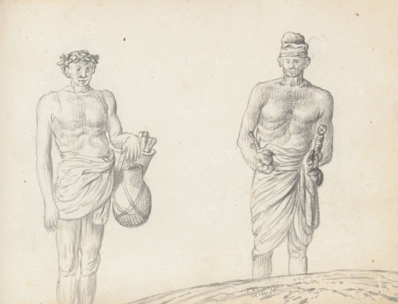 Toddy tapper and Sinhalese soldier, sketchbook page, Two men are standing outside on a slope. The man on the left is a palm wine tapper. He is wearing a double-folded and high-waisted loincloth (veshti, lungi). His upper body and legs are uncovered. On his left hip, he carries an earthenware pot (labu katey) for collecting the palm wine (toll cart or toddy), suspended in a net of cords by which the pot can be carried. Behind the pot hangs a wooden tube containing a bundle of tools: knives to cut into the flower of the coconut palm and a hammer (thalanaya) to flatten the flower. Around his head, the man wears a wreath of leaves, possibly to ward off insects. The man on the right is a Sinhalese mercenary (lascorijn). He is dressed in a knee-length loincloth (veshti, lungi), worn in the Sinhalese manner. His feet are hidden behind the drawn slope. The upper body is uncovered. A kastane (short sword) hangs from his left side, the hilt of which protrudes high. On his right side, a dagger pr...