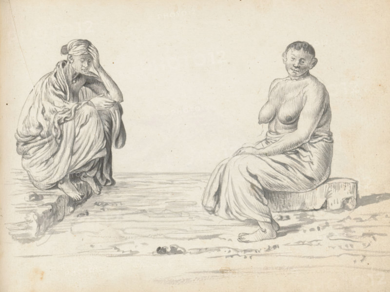 Two sitting women, sketchbook page, Two women are sitting outside on the street or near their homes. On the left, a thin woman is squatting on a stone curb. A wrap skirt (redda) hangs around her drawn-up knees. She wears a wide, loose-hanging shawl around her upper body. Beneath it, we see her bare shoulder, neck, and bent left arm. The woman wears a cloth on her head, from which a knot of hair protrudes from behind (condé). On the right, a woman is sitting on an elongated block of stone, with bent knees. Her only garment is a foot-length wrap skirt (redda). Her upper body, with full breasts, is uncovered. She is likely a wet nurse (min). The origin of both women is unclear: possibly Eurasian, low-caste Sinhalese, or Tamil from Jaffna. Sheet 113 from a sketchbook with 117 sheets., draftsman (artist): Esaias Boursse, Sri Lanka, 1662, draftsman (artist), South Asia, materials by function, paper, ink, brush, brush in gray, height 148 mm x width 196 mm, wet-nurse, working class, laborers -...