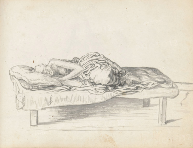 Man sleeping on a couch, sketchbook page, A man is sleeping on a wooden couch (enda) inside the house or under a canopy. On the right, his head rests on two pillows. On his head, he wears a cap or a headscarf tied around his neck. His upper body is uncovered. Like a sheet, he has pulled the loose, wide loincloth (veshti, lungi) over his lower body and his drawn-up knees. The man is probably a laborer from South India and employed in Colombo. A cloth has been pulled over the rattan or rope covering and the protruding legs, making it look like a mattress. A sheet lies on top of it. Sheet 114 from a sketchbook with 117 sheets., draftsman (artist): Esaias Boursse, Sri Lanka, 1662, draftsman (artist), South Asia, materials by function, paper, ink, brush, brush in gray, height 148 mm x width 196 mm, bed, Asiatic races and peoples: Indians, working class, labourers, couch, sofa, settee, 41D232, skirt (LUNGI), styles of hairdress (with NAME) -, women, overseas history, Colombo, Period, 1662 - ...