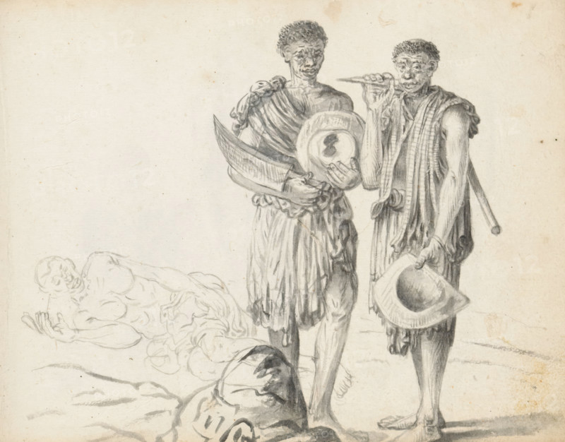 Three laborers, sketchbook page, Three men are depicted outdoors in uneven terrain. The man on the left is merely a sketch. He is lying on the ground, facing the viewer, sleeping on his side with his knees drawn up. He is wearing only a loincloth (veshti, lungi). His hair is short-shaven. Further forward, standing diagonally behind a pile of earth, are the two other men. The men have short, curly hair. They both hold a worn felt hat (toppiya) in their left hand. Both wear a double-folded loincloth reaching to the knee, tucked in at the waist. The man in the middle has a cloth tied over his right shoulder; the man on the right is wearing something resembling a sleeveless vest (kamisaya) of checkered fabric. The middle man carries a large cleaver (machete) over his right arm. The man on the right carries a pickaxe over his right shoulder, holding the point with his right hand. Judging by their appearance and clothing, the men likely come from South India or Jaffna, all brought to Colombo...