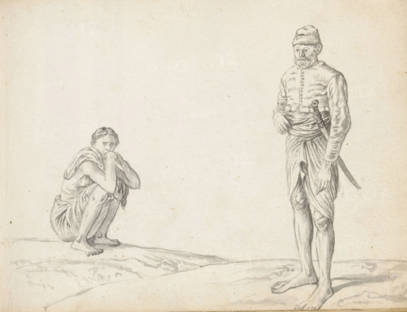 Sinhalese soldier and a squatting labourer, sketchbook page, Two men are depicted outdoors on a sloping terrain. On the left, a man is squatting. With bent arms resting on his knees, he holds both hands against his chin. The man is wearing a mid-length loincloth (veshti, lungi), and the flap of a shawl (chadar) hangs over his shoulder. His hair, parted in the middle, appears to be short. The man is likely from South India or Jaffna and employed in the reconstruction in Colombo. The standing man on the right is wearing a buttoned-up short jacket with long sleeves and a pleated hem (hettaya); underneath, a loincloth wrapped in the Sinhalese style (veshti, and a high-turned waistband around his waist. On his left hip hangs a scabbard with a mid-length sword (kastane); the decorated hilt shows a bird's head. The man is wearing a cap, a short beard, and a moustache. He is a Sinhalese mercenary (lascorin), currently in the service of the Dutch. He belongs to the Goviya caste. Sheet 24 from a...
