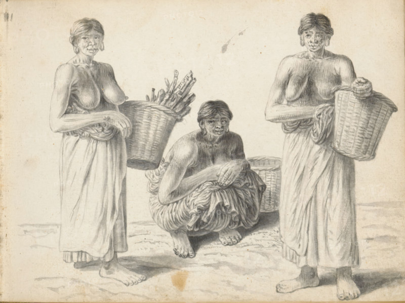Three women laborers, sketchbook page, Three young Sinhalese women of low caste, outside along the road. All three are wearing wrap skirts (redda), pleated in the Sinhalese style and tucked at the waist. Their upper bodies are uncovered. Their hair, parted in the middle, is pulled back into a bun (condé). Their stretched earlobes are open. The woman on the left is standing with a full basket in her left arm; the contents look like tamarind pods. The woman in the middle is squatting, with a basket on the ground to her left. The standing woman on the right is holding a basket against her left hip. They are gathering material; perhaps they are on their way to the market. Sheet 26 from a sketchbook with 117 sheets., draftsman (artist): Esaias Boursse, Sri Lanka, 1662, draftsman (artist), South Asia, materials by function, paper, ink, brush, grey brush, height 148 mm x width 196 mm, going to the market, working class, labourers - AA - women, Asiatic races and peoples (with NAME), styles of ...