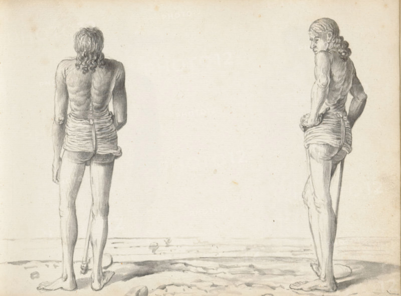 Two Sinhalese tillers, sketchbook page, Two men are standing outside at the edge of an open field. They are each standing with a hoe (udalla) on a long stick. They are both wearing only a small loincloth (lanket, lunket) that covers the groin and leaves the buttocks bare. Here it is clearly visible how the cloth has been pulled through the legs and tucked behind the fabric at the back. The long wavy hair of both men hangs loosely over the shoulders. Both men drawn are possibly one and the same figure. These man (men) are Sinhalese farmers belonging to the Goviya caste. They are clearly posing for the artist with the tool used to make the dikes in a rice field. The rice field in which they are working is possibly visible in the background. Sheet 30 from a sketchbook with 117 sheets., draftsman (artist): Esaias Boursse, Colombo, 1662, draftsman (artist), South Asia, materials by function, paper, ink, brush, brush in gray, height 148 mm x width 196 mm, working class, laborers, sawahs, ric...