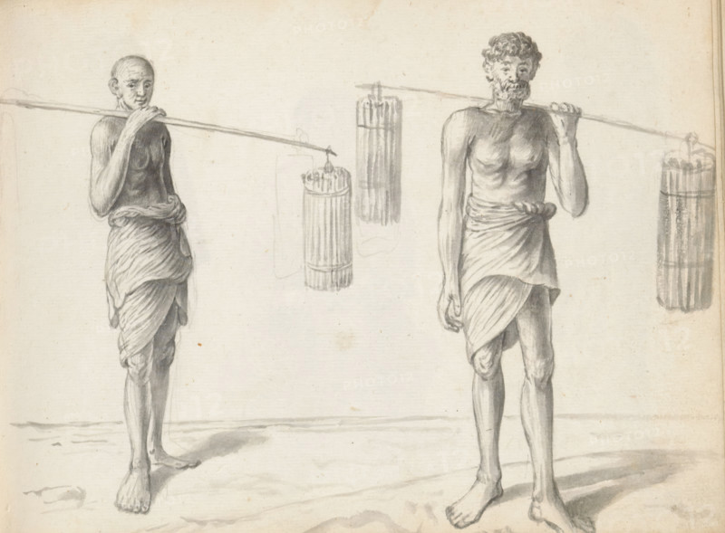 Two Sinhalese men with bales of cinnamon, sketchbook page, Outside, two men are standing by the road. Both carry a carrying pole (pingo) over their shoulders, from which hangs a bale of rolled cinnamon bark at the front and back. They belong to the occupational group of cinnamon peelers (chalias or Salagama). The man on the left is bald. He wears a loincloth (veshti, lungi) reaching above the knee, wrapped in the Sinhalese manner and tucked at the waist; the upper body is uncovered. He holds the carrying pole (pingo) on his right shoulder with his right hand. The rear bale of cinnamon is partially concealed in the back binding. The man on the right is dressed in a loincloth (veshti, wrapped in the Sinhalese manner and tucked at the waist; the upper body is uncovered. He has short curly hair, a mustache, and a short beard. On his left shoulder lies the carrying pole (pingo) from which bundles of cinnamon bark hang at the front and back. Sheet 34 from a sketchbook with 117 sheets., draft...