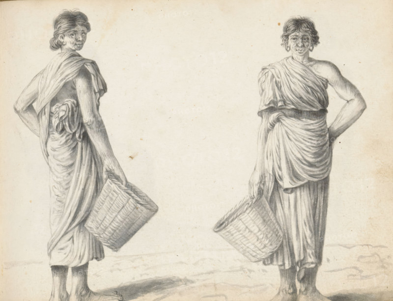 Two women, sketchbook page, Two possibly low-caste Tamil women from Jaffna stand outside side by side with a reed basket in their right hand. Both wear a South Indian wrap-around garment (selai or sari) tucked at the waist, the end of which is draped over the shoulder via the back and covers the upper body. Both women have parted their long hair in the middle and pinned back in a bun (condé). The earlobes of each are pierced and stretched. The woman on the left and the woman on the right may be one and the same woman, but drawn twice in a different position. Sheet 38 from a sketchbook with 117 sheets., draftsman (artist): Esaias Boursse, Sri Lanka, 1662, draftsman (artist), South Asia, materials by function, paper, ink, brush, brush in gray, height 148 mm x width 196 mm, styles of hairdress (with NAME) -, women, Asian races and peoples (with NAME), clothes covering the entire body (with NAME), overseas history, stretched earlobes, Colombo, Period, 1662 - 1670, Two standing figures in d...