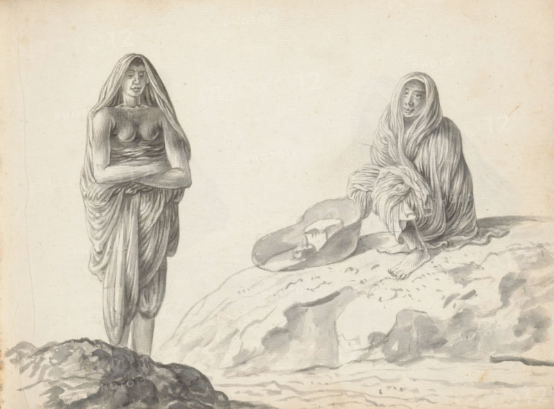 Two laborers, sketchbook page, Two men outdoors in uneven terrain. The standing man on the left has his feet hidden behind a mound of earth. He is dressed in a knee-length loincloth (veshti, lungi) tied high around the waist. Around his head he has draped a shawl (chadar) that covers his back and shoulders, the end of which he has also tucked into his waist. The rest of his upper body is uncovered. He holds his bare arms folded in front of his stomach. The man on the right is squatting on a sloping embankment. He too wears a loincloth reaching below his knees and a shawl draped over his shoulders, upper body, and head. Only his feet and face are uncovered. In front of him stands a kind of wheelbarrow containing two objects. The men are likely from South India and were put to work in Colombo on reconstruction. Sheet 41 from a sketchbook with 117 sheets., draftsman (artist): Esaias Boursse, Sri Lanka, 1662, draftsman (artist), South Asia, materials by function, paper, ink, brush, brush i...