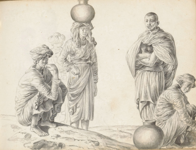 Four women and a man, sketchbook page, Outside on uneven ground, a group of people is drawn. On the far left, on a slope, a woman is crouching with her eyes closed. She is wearing a Portuguese blouse with a V-neck and long sleeves (hatte), a long wrap skirt (redda), and a rolled-up cloth around her head. The woman next to her is standing slightly back, her feet hidden behind the slope. She too is wearing a wrap skirt tucked at the waist, a Portuguese blouse, and a rolled-up headscarf hanging down her shoulders. On her head is a water jug (kalaya). Between them is a sketchy outline of a woman seen from behind. On the right stands a man with his arms folded in front of his stomach. He wears a wide hip garment (veshti, lungi), tied in a South Indian manner (like a dhoti) and rolled up at the waist; a second long cloth (chadar) hangs over his shoulders. The woman crouching in front of him to the right wears a Portuguese blouse (hatte), and a rolled-up cloth around her head. Next to her on ...