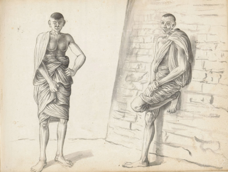 Two laborers, sketchbook page, Outside, by a sloping cliff stone wall, perhaps the corner of a fortress wall, stand two young men. The man on the left wears a folded loincloth (veshti, lungi) reaching to his knees; a shawl (chadar) hangs over his right shoulder and is also wrapped around his waist and tucked in at the waist. The man on the right leans his back against the sloping wall. He has drawn up his left leg with his foot against the wall and his knee forward. He wears a loincloth (veshti, lungi) reaching to his knees, and a cloth (chadar) over his left shoulder. Both men are from South India and are employed in Colombo for the reconstruction. Sheet 55 from a sketchbook with 117 sheets., draftsman (artist): Esaias Boursse, Sri Lanka, 1662, draftsman (artist), South Asia, materials by function, paper, ink, brush, brush in gray, height 148 mm x width 196 mm, Asiatic races and peoples: Indians, working class, laborers, 41D232, skirt (LUNGI), head-gear (with NAME), overseas history, ...