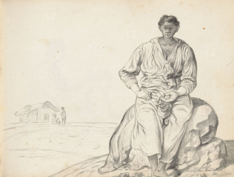 Woman sitting on a boulder, sketchbook page, A Eurasian woman is sitting on a boulder. She is dressed in a long wrap skirt (redda) and a wide Portuguese blouse with a V-neck and long sleeves (hatte). Her hair is thick and wavy, without a middle parting, but probably tied in a bun (condé) at the back. On her lap lies something that looks like an open pouch. The fingers of her left hand are holding something, perhaps an areca nut. In the background on the left, a small house with a doorway is drawn very sketchily; the house (mati geya) has half-timbered walls of wood with woven domes and palm leaf, filled and plastered with clay (mati), and a roof of coconut palm leaf (cadjan) that projects far out. In front of it, a seated and a standing figure are drawn sketchily. Sheet 59 from a sketchbook with 117 sheets., draftsman (artist): Esaias Boursse, Sri Lanka, 1662, draftsman (artist), South Asia, materials by function, paper, ink, brush, grey brush, height 148 mm x width 196 mm, Eurasion, h...