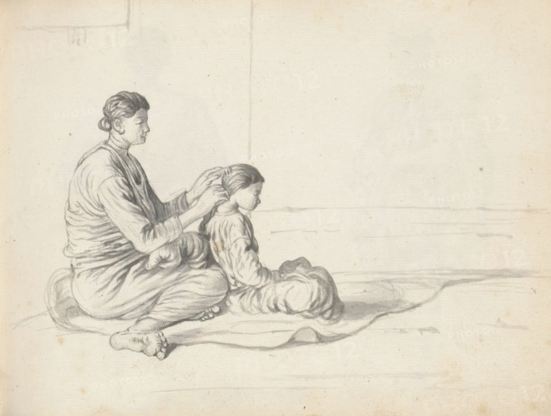 Woman combing a young girl's hair, sketchbook page, In an interior space, of which a corner of two walls is visible, a Eurasian woman and a girl are sitting on a rolled-out mat or rug. They are both drawn from the right side. The woman on the left, seated side-saddle, is combing the hair of the girl sitting cross-legged in front of her. In her left hand, the woman holds a comb. The woman is wearing a wrap skirt (redda) and a Portuguese blouse with a V-neck and long sleeves (hatte); her hair is tied back in a bun (condé). The girl is also wearing a wrap skirt and a blouse with long sleeves. Her long hair is combed back in a braid. Sheet 60 from a sketchbook with 117 sheets., draftsman (artist): Esaias Boursse, Sri Lanka, 1662, Esaias Boursse, draftsman (artist), South Asia, materials by function, paper, ink, brush, grey brush, height 148 mm x width 196 mm, comb, brush and other tools (care of the hair) - AA -, women, Eurasion, half-caste, styles of hairdress (with NAME) -, skirt (with N...