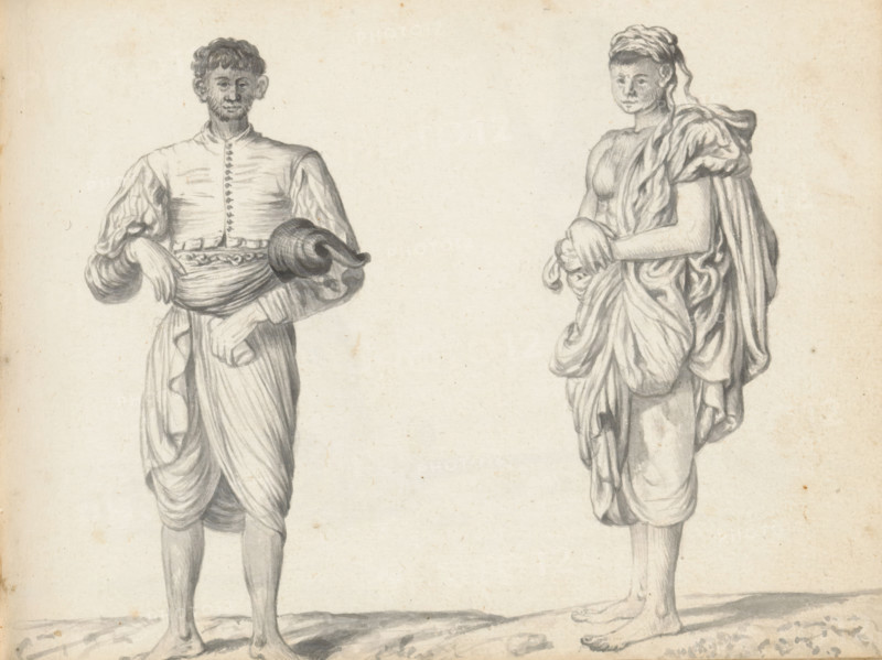 Sinhalese soldier and a labourer, sketchbook page, Outside, two men are standing on uneven ground. The man on the left is dressed in a knee-length loincloth (veshti, lungi), wrapped in the Sinhalese manner, with a wide, tight waistband folded in half to hold something. Over this is a short Portuguese jacket with wide sleeves (hettaya), high-necked with buttons and finished at the bottom with a narrow pleated band. Under his bent left arm, he holds a rolled-up cloth. He is a lowland Sinhalese (goviya caste) and probably a mercenary (lascorijn) who possibly acted as a messenger. The man on the right is dressed in a knee-length loincloth (veshti, lungi). A second cloth (chadar) is draped over his left shoulder and hangs down his back. His upper body and arms are uncovered. A cloth is wrapped around his head. He probably hails from South India, brought to Colombo as a laborer. Sheet 61 from a sketchbook with 117 sheets., draftsman (artist): Esaias Boursse, Sri Lanka, 1662, draftsman (artis...