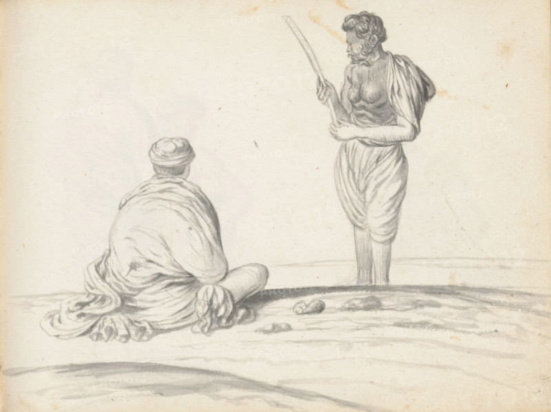 Two labourers, sketchbook page, On the left, on the ground in uneven terrain, sits a man in a cross-legged position, drawn from behind. His back and shoulders are completely wrapped in a large shawl (chadar). Of the loincloth (veshti, lungi) he is wearing, only some folds are visible on the right. Around his head, which has short-cropped hair, he wears a headscarf or cap. The standing man wears a knee-length loincloth (veshti, lungi) pulled up between the legs and rolled up broadly at the waist, and a shawl (chadar) over his left shoulder and left upper arm. His upper body, right arm, and left forearm are uncovered. He is looking at his hands with which he is holding up a piece of palm leaf (?). Both men are likely from South India and were employed in Colombo in the reconstruction. Sheet 62 from a sketchbook with 117 sheets., draftsman (artist): Esaias Boursse, Sri Lanka, 1662, draftsman (artist), South Asia, materials by function, paper, ink, brush, brush in gray, height 148 mm x wid...
