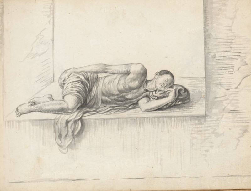 Man sleeping on a window-sill, sketchbook page, A man is sleeping on a wide window-sill (or niche in a wall). He is lying on his left side with his knees drawn up and is wearing a loincloth (veshti, lungi) pulled up above his knees, one end of which hangs forward over the edge; his upper body is uncovered. Beneath him lies a cloth – probably his shawl (chadar) which is rolled up at the end to support his head. Given his clothing, the man may be from South India and employed in Colombo. Sheet 73 from a sketchbook with 117 sheets., draftsman (artist): Esaias Boursse, Sri Lanka, 1662, draftsman (artist), South Asia, materials by function, paper, ink, brush, brush in gray, height 148 mm x width 196 mm, Asiatic races and peoples: Indians, 41D232, skirt (LUNGI), head-gear (with NAME), overseas history, Colombo, Period, 1662 - 1670, A graphite drawing of a person lying on a raised surface, shown in profile, with eyes closed and head resting on folded arms; the figure is partially draped with ...