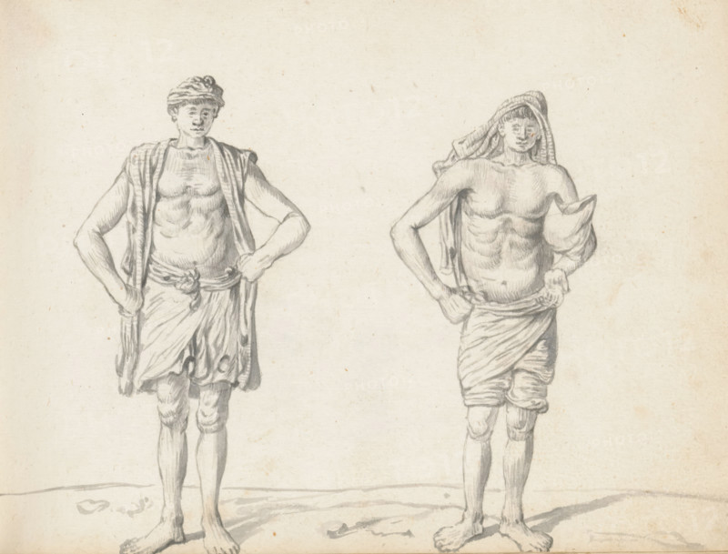 Two labourers, sketchbook page, Two men are standing on uneven terrain outdoors. The man on the left is wearing a knee-length loincloth (veshti, lungi), folded in half, tied around the waist, and fastened at the waist. From the shoulders, the long ends of a draped cloth (chadar) of checkered fabric hang down. A cloth is tied around the head; the short hair is still visible. The man on the right is also wearing a loincloth (veshti, lungi) reaching above the knees, wrapped with one end passed between the legs to the back, then tucked in and folded at the waist (like a dhoti). A loose checkered or striped cloth (chadar) is draped around the head of short hair, hanging down the back, one end tucked under the left arm. The men are from South India or Jaffna and are employed in Colombo in the reconstruction effort. Sheet 8 from a sketchbook with 117 sheets., draftsman (artist): Esaias Boursse, Sri Lanka, 1662, draftsman (artist), South Asia, materials by function, paper, ink, brush, brush in...