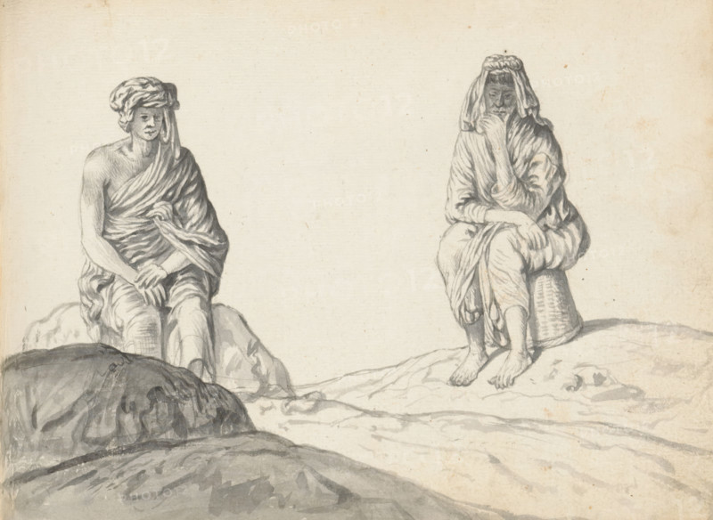 Man and woman, both laborers, sketchbook page, In hilly terrain, a man is seated on a rock on the left. He is dressed in a long loincloth (veshti, lungi, or South Indian dhoti?) and a shawl (chadar) that leaves his right shoulder uncovered. A large headscarf is wrapped around his head. He may be from South India and employed here. On the right, a woman is seated on an overturned basket. She is dressed in a long wrap skirt (redda) and a Portuguese blouse with a V-neck and long sleeves (hatte). Her head is covered with a hanging cloth, on which rests a carrying ring. She may be a Eurasian or Sinhalese woman of low caste. Both figures are drawn from the front. The artist found them resting from their labor. Sheet 86 from a sketchbook with 117 sheets., draftsman (artist): Esaias Boursse, Sri Lanka, 1662, draftsman (artist), South Asia, materials by function, paper, ink, brush, brush in gray, height 148 mm x width 196 mm, Asiatic races and peoples: Indians, working class, labourers, laborer...