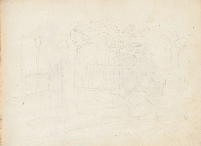 Unfinished sketch of buildings and trees, sketchbook page, An unfinished sketch of a road with buildings and vegetation. Page 88 from a sketchbook with 117 pages., draftsman (artist): Esaias Boursse, Sri Lanka, 1662, draftsman (artist), South Asia, materials by function, paper, ink, pencil, brush, grey brush, height 148 mm x width 196 mm, overseas history, Colombo, Period, 1662 - 1670, A pale, textured sheet with faint pencil sketches showing outline shapes of leafy plants and slender trunks toward the upper center and right, a vertical rectangular form with faint internal lines suggesting a door or panel near the center-right, and a cylindrical shape with a vertical post drawn on the left; faint horizontal and curved pencil lines cross the lower area, and small scattered specks and spots appear across the surface.