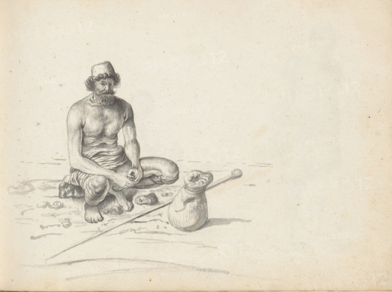 Sinhalese man with knapsack, sketchbook page, A Sinhalese man is squatting on a stone block, outside along the road. He is wearing a hitched loincloth (vesthi, lungi), his upper body is uncovered. His arms rest on his thighs, his hands clasped together. He has medium-length curly hair, a large moustache, and a short, full beard. On his head is a cap. In front of him on the ground lies a long pointed stick with a round knob, and a tied-up sack. The stick is probably a carrying pole. Sheet 9 from a sketchbook with 117 sheets., draftsman (artist): Esaias Boursse, Sri Lanka, 1662, draftsman (artist), South Asia, materials by function, paper, ink, brush, brush in gray, height 148 mm x width 196 mm, knapsack, rucksack, Asiatic races and peoples (SRILANKANS), 41D232, skirt (LUNGI), overseas history, Colombo, Period, 1662 - 1670, A monochrome drawing shows a bearded man sitting cross-legged on a ground surface, wearing a tall hat and minimal clothing that exposes his chest and limbs, with his ...