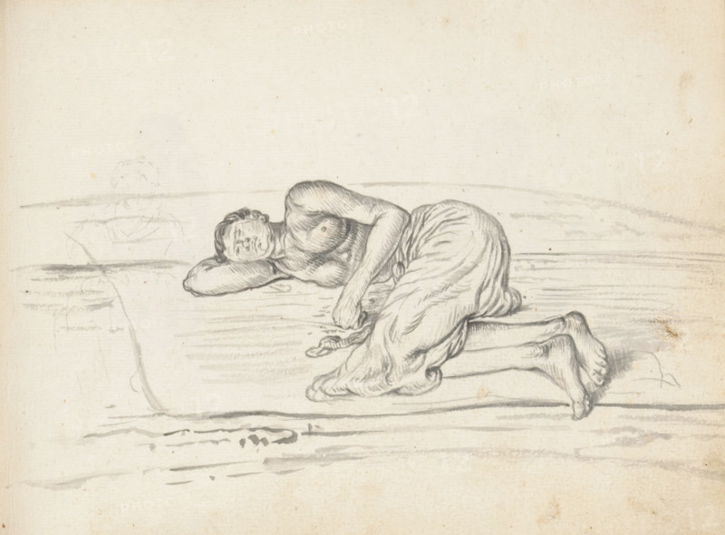 Man sleeping on a mat on the ground, sketchbook page, A man is sleeping on the ground. He is lying with his knees drawn up on a wide mat (padura). Around his lower body he wears a loincloth (veshti, lungi) reaching below his knees. His upper body and arms are uncovered. A hole is drawn in the visible earlobe. The man is probably a laborer from South India and employed in Colombo. On the right of the page – below the lines of the mat and the ground – a faint sketch of a woman's upper body can be seen. Sheet 90 from a sketchbook with 117 sheets., draftsman (artist): Esaias Boursse, Sri Lanka, 1662, Esaias Boursse, draftsman (artist), South Asia, metal, inorganic material, materials by function, paper, ink, metal stylus, brush, grey brush, possibly with metal stylus, height 148 mm x width 196 mm, Asiatic races and peoples: Indians, working class, labourers, ears, 41D232, skirt (LUNGI), stretching parts of the body (lips, earlobes, etc.), overseas history, Colombo, Period, 1662 - 1670, A m...