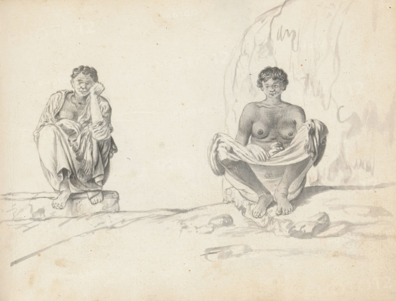 Two sitting labourers, sketchbook page, Two men are sitting outside on a sloping, uneven ground. The man on the left is squatting on a raised stone step. He is wearing a loincloth (veshti, lungi) reaching below his knees and an open, long-sleeved shirt with a frayed hem lying over his knee. The man on the right is sitting on the ground next to a curb with his knees spread and bent, leaning his back against a rock formation. He too is wearing a long loincloth, pulled up to his knee. Sheet 91 from a sketchbook with 117 sheets., draftsman (artist): Esaias Boursse, Sri Lanka, 1662, draftsman (artist), South Asia, materials by function, paper, ink, brush, brush in gray, height 148 mm x width 196 mm, Asiatic races and peoples: Indians, working class, laborers, 41D232, skirt (LUNGI), clothing for the upper part of the body (with NAME), overseas history, Colombo, Period, 1662 - 1670, Two seated figures drawn in pencil on light paper occupy the scene, one on the left wrapped in draped cloth wit...