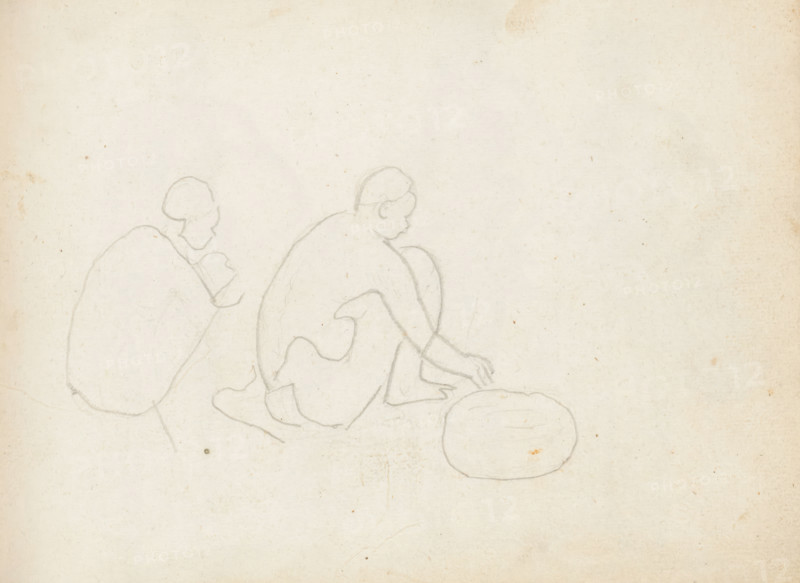 Two squatting figures, sketchbook page, The barely visible outlines of a vague sketch of two squatting figures have been heavily traced with a hard pencil lead. It was clearly done by an untrained hand, long after 1671, possibly with the aim of copying them onto another piece of paper. Page 93 from a sketchbook with 117 pages., draftsman (artist): Esaias Boursse, Sri Lanka, 1662 - after 1671, draftsman (artist), South Asia, paper, pencil, brush, height 148 mm x width 196 mm, squatting, crouching figure, overseas history, Colombo, Period, 1662 - 1670, A pale, textured background with faint pencil outlines of three seated figures viewed from the side and back, showing simple rounded heads and curved shoulders, one figure crouched with an arm extended toward a round, cushion-like shape on the ground, another figure slightly hunched nearby, and a larger, more rounded form behind them; the sketch lines are light and sketchy against the off-white, slightly aged paper.