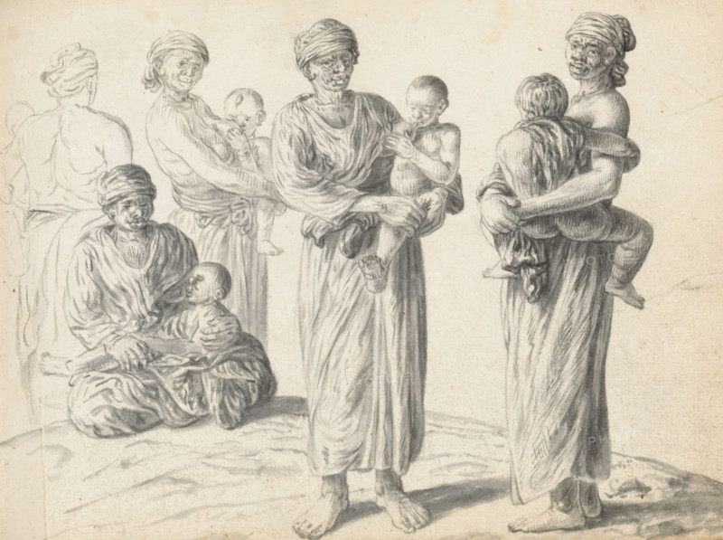 Five wet nurses, each with an infant, sketchbook page, A group of five women outdoors – one woman is sitting on the ground cross-legged, the others are standing. They are all wearing long wrap skirts (redda) and headscarves. The seated woman and the woman in the middle are also wearing Portuguese blouses with V-necks and long sleeves (hatte). The upper bodies of the other three women are uncovered. The seated woman has a child on her lap that she is nursing from her left breast. The four standing women each carry a child on their left hip. Two children can be seen suckling from the left breast. The children are of various ages – from baby to toddler – and are clearly not African. The drawing of the leftmost woman is not finished. Sheet 96 from a sketchbook with 117 sheets., draftsman (artist): Esaias Boursse, Sri Lanka, 1662, draftsman (artist), South Asia, materials by function, paper, ink, brush, brush in gray, height 148 mm x width 196 mm, wet-nurse, skirt (with NAME), clothing for ...