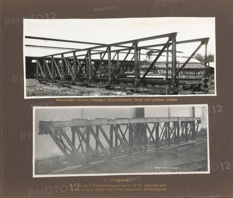Sf. Redjosarie, One of the 8 Truss Bridges ... for heavy narrow gauge (reed transport), album page, photograph, Album page with two photos of parts for a railway bridge. Produced by Machinefabriek Braat and intended for the Redjosarie Sugar Factory, 1923. Part of the photo album Machinefabriek Braat Soerabaia-Djocja-Tegal, ca. 1916-1924., Surabaya, 1923, photographer, Java, East Java, paper, pasteboard, gelatin silver print, height 240 mm x width 290 mm, Person, NV Machinefabriek Braat, Redjosari Sugar Factory, colonial system, bridge, factory-interior, machine shop, (other) buildings, constructions, railway, tramway, economic history, overseas history, sugar industry, company history, Period, 1916 - 1924, A wide photographic print shows a metal truss bridge section mounted on supports and placed on ground with scattered debris and vegetation, the bridge composed of vertical and diagonal steel beams with visible rivets and bolted connections, cross girders and a flat deck surface, with...