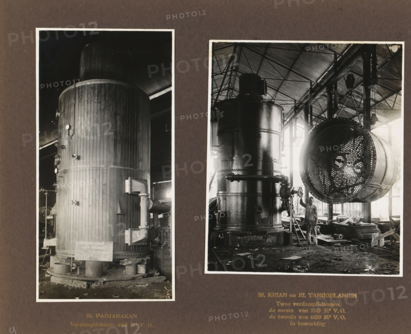 Sf. Padjarakan Evaporator, Sf. Krian and Sf. Tangoelangin Two evaporators ... in progress, album page, photograph, Album page with two photos of machines. Produced by Machinefabriek Braat for the Padjarakan, Krian, and Tangoelangin Sugar Factories, March 8, 1924. Part of the photo album Machinefabriek Braat Soerabaia-Djocja-Tegal, ca. 1916-1924., Surabaya, 1924-03-08, photographer, Java, East Java, paper, pasteboard, gelatin silver print, height 240 mm x width 290 mm, Person, NV Machinefabriek Braat, Padjarakan Sugar Factory, Krian Sugar Factory, Tangoelangin Sugar Factory, colonial system, machines, parts of machines, tools and appliances, factory-interior, machine shop (men (labourers)), economic history, overseas history, sugar industry, company history, Period, 1916 - 1924, A sepia-toned photograph collage shows two vertical industrial scenes mounted on a dark board. On the left, a tall cylindrical vessel with vertical wooden slats and metal bands extends upward toward a dark ceili...