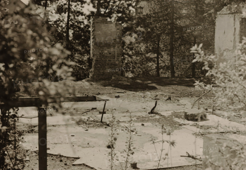 Part of a ruin, surrounded by dense vegetation of trees and shrubs, photograph, surrounded by dense vegetation of trees and shrubs., 1945 - 1970, photographer, paper, gelatin silver print, developed gelatin silver print, height 75 mm x width 105 mm, Period, A grayscale scene showing a partially cleared outdoor area with a broken brick chimney standing near the center, flanked by tall trees in the background and a tall rough wall fragment on the right edge. In the foreground there are scattered flat concrete slabs, small protruding metal rods and remnants of construction debris, with overgrown weeds and thin plant stems rising up. A blurred leafy bush appears on the left side and another blurred shrub on the right, partially obscuring the view, while shadows from the trees create dappled darker areas across the ground.