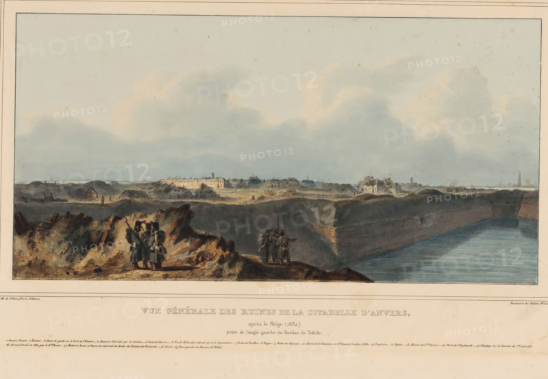 Ruins of the Citadel of Antwerp after the siege, 1832, Vue générale des ruines de la Citadelle d'Anvers, après le Siege (1832), prise de l'angle gauche du Bastion de Tolède, Dessins faits d'après nature au siège de la Citadelle d'Anvers par Raffet, print, Series number, 24, View of the ruins of the Citadel of Antwerp after the siege. In the foreground, several soldiers. Water in the right foreground. With legend 1-18. Part of the series of 24 prints about the siege of the Citadel of Antwerp, November 30 - December 23, signature: 'Raffet', caption: 'VUE GENERALE DES RUINEN DE LA CITADELLE D'ANVERS, après le Siège. (1832), prize for the angle of the Bastion de Tolède. (legend)', printmaker: Denis Auguste Marie Raffet, France, printer (person): Gilhaut Frères, Paris, publisher: Gilhaut Frères, 1833, Denis Auguste Marie Raffet, Gilhaut Frères, printmaker, printer (person), publisher, paint (coating), materials by function, paper, watercolor (paint), lacquer (coating), lithography, hand col...