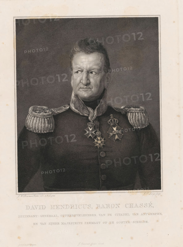 David Hendricus, Baron Chassé, Lieutenant General, Commander-in-Chief of the Citadel of Antwerp, and of His Majesty's Naval Forces on the Eastern Scheldt, print, Portrait of Baron Chassé, bust, head to the left, with epaulets and three knightly orders., printmaker: Johannes Philippus Lange, Netherlands, after painting by Jan Willem Pieneman, printer (person): Jacobus Franciscus Brugman, Amsterdam, publisher: Johannes Immerzeel, c. 1831, Johannes Philippus Lange, Jan Willem Pieneman, Jacobus Franciscus Brugman, Johannes Immerzeel, printmaker, after painting by, printer (person), publisher, paper, etching, engraving, etching and engraving, height 460 mm x width 352 mm, Person, David Hendrik baron Chassé, historical persons, Belgian Revolution, military history, Period, 1830 - 1832, A monochrome engraved portrait of a man shown from the waist up wearing a dark military uniform with a high collar and decorative epaulettes on each shoulder, his face turned slightly to the viewer's left with...