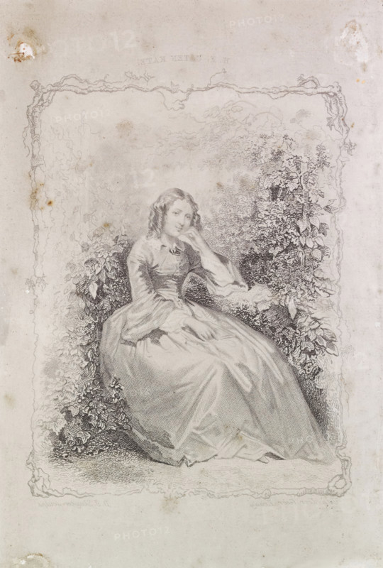 Pondering woman, steel plate, maker: Dirk Jurriaan Sluyter (signed by artist), after design by Herman Frederik Carel ten Kate, publisher: Kraay, Gebroeders, 1832 - c. 1870, metal, inorganic material, steel (alloy), steel engraving, height 182 mm x width 116 mm, A lightly colored engraving shows a seated woman in a long flowing dress with fitted bodice and long sleeves, her hair in soft curls around her face, one hand resting against her cheek and the other folded in her lap; she sits amid dense foliage and flowering plants that frame her on both sides, with a decorative border of twisting vines around the scene and subtle shading and stippling creating texture on the dress, leaves, and background; the paper shows some age marks and stains around the edges.