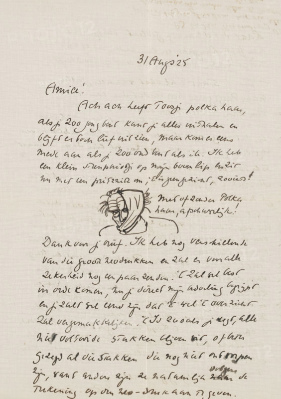 Letter to Willem Bogtman, letter, writer (clerical worker): Richard Nicolaüs Roland Holst, 1925-08-31, writer (clerical worker), draftsman (artist), materials by function, paper, ink, writing (processes), pen, height 425 mm x width 425 mm, Person, De Bijenkorf, Jan Frederik Staal, Piet L. Kramer, Willem Bogtman, drawing, head (human), applied arts, arts and crafts, industrial design, diseases, London, Paris, Rotterdam, Breda, Haarlem, A page of aged beige paper with dark brown handwritten lines across it and a small pen sketch of a person near the center left wearing a headscarf with visible facial features and expressive lines, surrounded by flowing cursive handwriting that varies in thickness and slant, with faint impressions of writing visible through the paper and slight discoloration along the top edge.