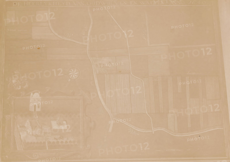 Photo reproduction of a map of the municipality of Houten, photograph, reproduction, annotation: 'AA 224', annotation: 'gem. Houten, Utr.', after design by anonymous, 1890 - 1920, photographer, Attributed to, paper, pasteboard, albumen print, height 147 mm x width 206 mm, maps, atlases, Houten, A faded, sepia-toned map-like image showing a large rectangular area with faintly drawn fields divided by narrow paths and curved roads, a winding river or stream running vertically through the composition, a circular compass rose shape near the left-center, decorative scrollwork and a small illustrated building grouped toward the lower-left, faint outlines of rectangular plots with parallel lines indicating cultivated land across the right side, and a pale border framing the entire image.