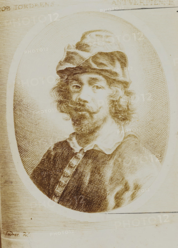 Photo reproduction of a print depicting a portrait of Jacques Jordaens by an unknown printmaker, photograph, reproduction, :, after print by unknown, after design by Joachim von Sandrart (I), after painting by Jacques Jordaens, 1880 - 1940, unknown, photographer, after print by, paper, daylight collodion silver print, height 174 mm x width 124 mm, portrait, self-portrait of painter, A sepia-toned oval portrait of a man with curly hair and a mustache and beard, wearing a soft, slouchy hat and a collared shirt under a textured jacket with a row of decorative buttons, set against finely lined concentric shading within the oval and surrounded by a pale background.