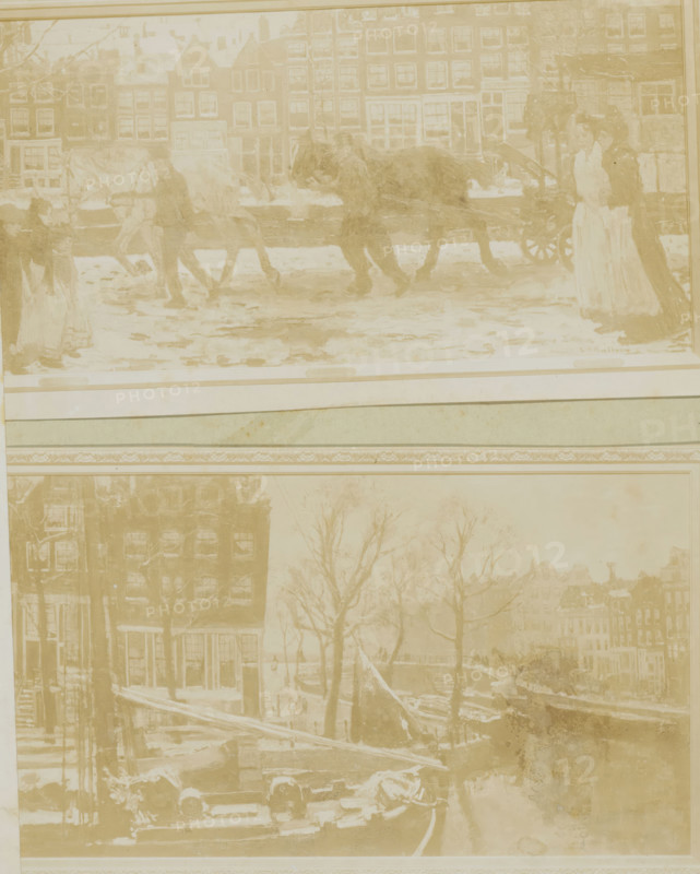 Photo reproductions of four paintings by George Hendrik Breitner, photograph, reproduction, Amsterdam, after painting by George Hendrik Breitner, 1880 - 1940, photographer, paper, pasteboard, daylight collodion silver print, daylight collodion silver prints mounted on green cardboard, height 362 mm x width 272 mm, city-view, and landscape with man-made constructions, A faded sepia-toned image shows two horizontal scene panels separated by a decorative border; the upper panel depicts a snowy street with a horse-drawn carriage moving along a road in front of a row of tall narrow buildings with many windows, and there are figures standing near the carriage including a woman in a long dress and another figure nearby; the lower panel shows a canal scene with leafless trees along the water, buildings lining the canal, a moored boat, and steps leading down to the water, all rendered with soft, painterly brushstrokes and an overall weathered, aged appearance.