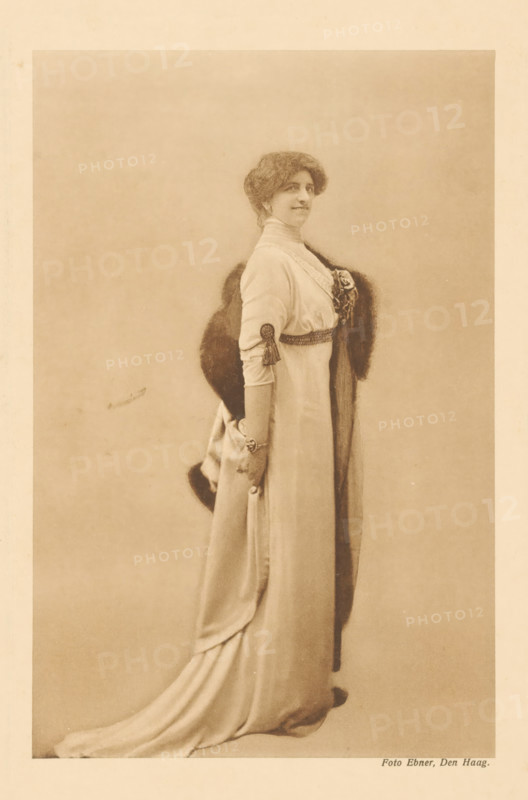 Portrait of Anna de Savornin Lohman, photomechanical print, name: 'Foto Ebner, The Hague.', photographer: Ferdinand Robert Ebner, The Hague, cliché maker: anonymous, in or after 1890, paper, collotype, light print, height 200 mm x width 130 mm, Person, Anna de Savornin Lohman, portrait of a writer, A sepia-toned portrait of a woman standing in profile with her body turned slightly toward the camera, wearing a long, flowing gown that trails on the floor and a dark fur stole draped over her shoulders, her hair styled in an updo, one arm hanging at her side with a decorative bracelet at the wrist and a tassel detail on the sleeve, a faint smile on her face and a plain, softly lit background behind her.