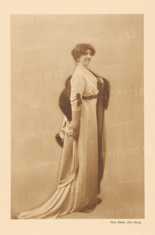 Portrait of Anna de Savornin Lohman, photomechanical print, name: 'Foto Ebner, The Hague.', photographer: Ferdinand Robert Ebner, The Hague, in or after 1890, paper, collotype, photoprint, height 200 mm x width 130 mm, Person, Anna de Savornin Lohman, portrait of a writer, A sepia-toned portrait of a woman standing in profile with her head turned slightly toward the camera, wearing a long flowing gown with a high neckline and long sleeves, a fur stole draped around her shoulders, a decorative belt or sash at her waist, and bracelets on her wrist; her hair is styled short and wavy, and the background is plain and unadorned.