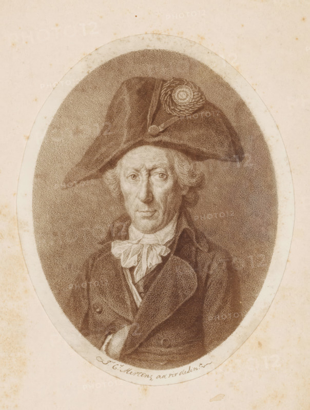 Photo reproduction of a drawing depicting a portrait of Hendrik Nobbe by Johannes Cornelis Mertens, photograph, reproduction, annotation: 'Hendrik Nobbe', workshop stamp: 'C. van der AA, Hof-Photograaf, LANGESTRAAT A 30, ALKMAAR', :, photographer: Camillus Franciscus van der Aa, Alkmaar, after drawing by Johannes Cornelis Mertens, c. 1887 - 1915, paper, pasteboard, daylight collodion silver print, height 146 mm x width 115 mm, Person, Hendrik Nobbe, historical persons, A sepia-toned oval portrait of an older man wearing a large tricorne hat with a rosette decoration, visible from the chest up against a textured background, showing a high collared coat and a loosely tied neckcloth, with wavy hair at the temples and a solemn facial expression.