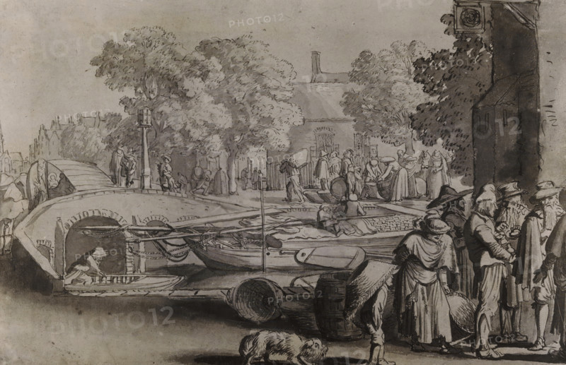Photo reproduction of a drawing of a street scene in Haarlem by Esaias van de Velde, photograph, reproduction, annotation: 'E. vd Velde, Haarlem, 1902, A 4706', after drawing by Esaias van de Velde, photographer, paper, pasteboard, gelatin silver print, developing gelatin silver print, height 180 mm x width 237 mm, street (city(-scape) with figures, staffage), A riverside scene rendered in monochrome ink wash showing a stone bridge with an arched opening and boats moored along the water; figures stand and sit on the bridge and along the quay, some wearing wide-brimmed hats and cloaks, others in long dresses and aprons, with a cluster of people engaged near baskets and barrels at the water's edge; trees with leafy canopies rise behind the bridge in front of a building with a pitched roof and shuttered windows, while on the right a darkened wall and foliage frame a group of standing men in hats and beards; in the foreground a small dog walks near barrels and a coiled rope, and a person i...