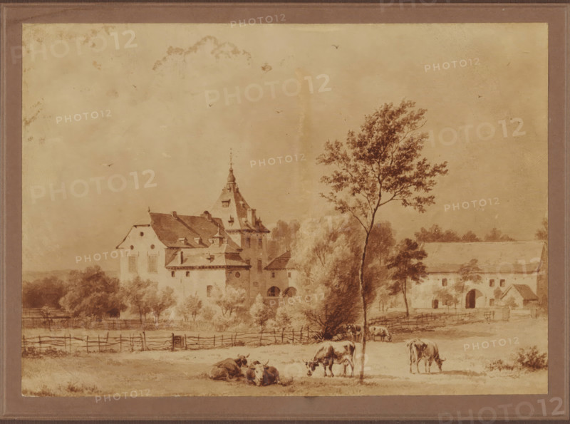 Photo reproduction of a painting of a view of Rijckholt Castle, photograph, reproduction, number: ''23.82', annotation: 'Kasteel te Rijkholt, Limburg', after painting by anonymous, 1890 - 1923, photographer, after painting by, paper, pasteboard, daylight collodion silver print, height 239 mm x width 299 mm, landscape with tower or castle, Rijckholt, A sepia-toned landscape drawing showing a large building complex with a multi-level central structure topped by a steep roof and decorative spire, flanked by adjoining wings and archways; trees and shrubbery surround the buildings and a tall slender tree stands prominently in the foreground; a fenced pasture stretches across the lower area with several grazing and resting cows; a low horizon and an expansive sky with a few small flying birds fill the upper portion; the scene is bordered by a simple rectangular mat and frame.