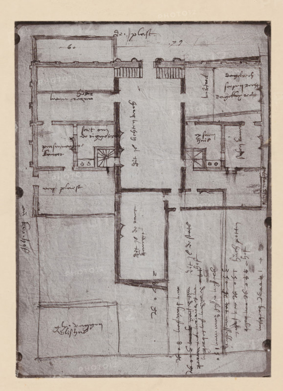 Photographic reproduction of a map of the Utrecht City Hall, photograph, reproduction, annotation: 'Stadhuis Utrecht', after design by anonymous, 1880 - 1910, photographer, paper, pasteboard, daylight collodion silver print, height 300 mm x width 241 mm, townhall, A vertical, hand-drawn architectural plan on aged paper showing rectangular rooms and corridors outlined in dark ink, with short interior walls, door openings, and a small square stairwell marked by radial lines, surrounded by handwritten notes and annotations in a cursive script; the drawing includes thicker border lines, several small shaded areas, and faint smudges and creases on the paper, with dark circular reinforcement marks along the left and right edges.